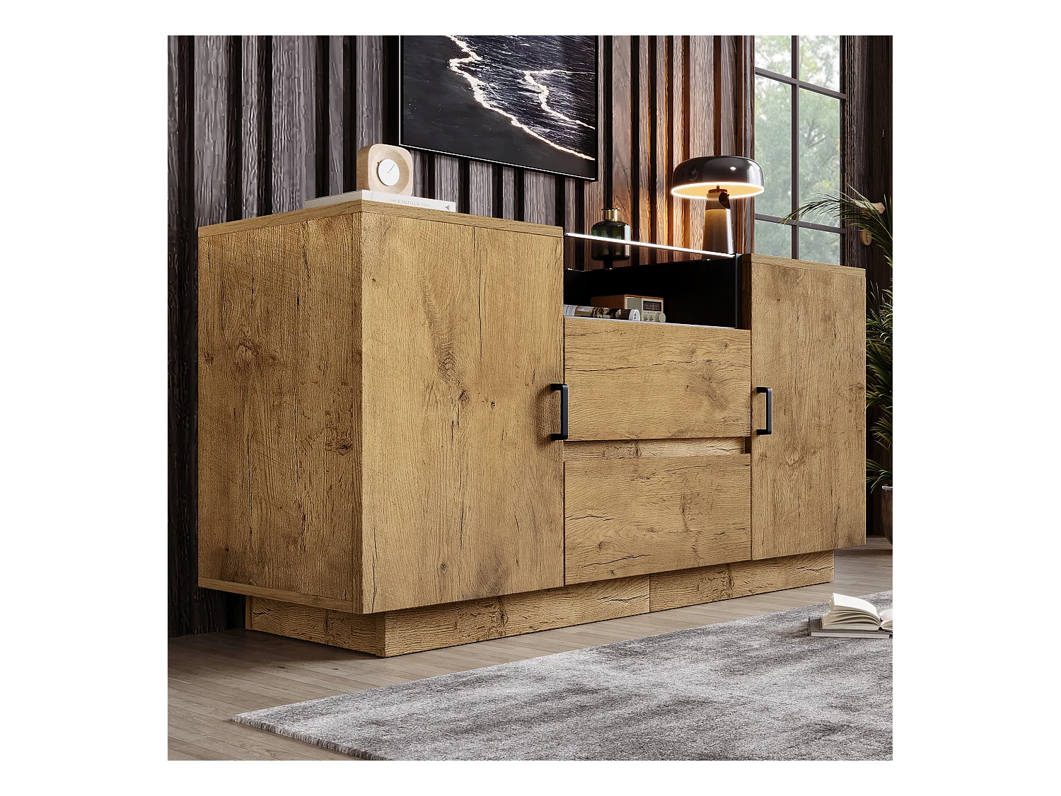 Buffet aspect chêne - 140 x 40 x 70 cm - avec 2 tiroirs + 2 portes + étagère - bois + métal - naturel