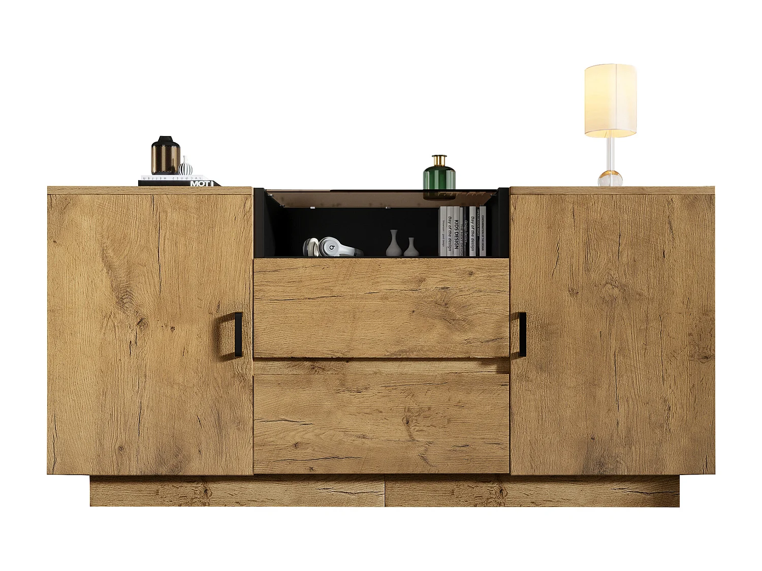 Buffet aspect chêne - 140 x 40 x 70 cm - avec 2 tiroirs + 2 portes + étagère - bois + métal - naturel