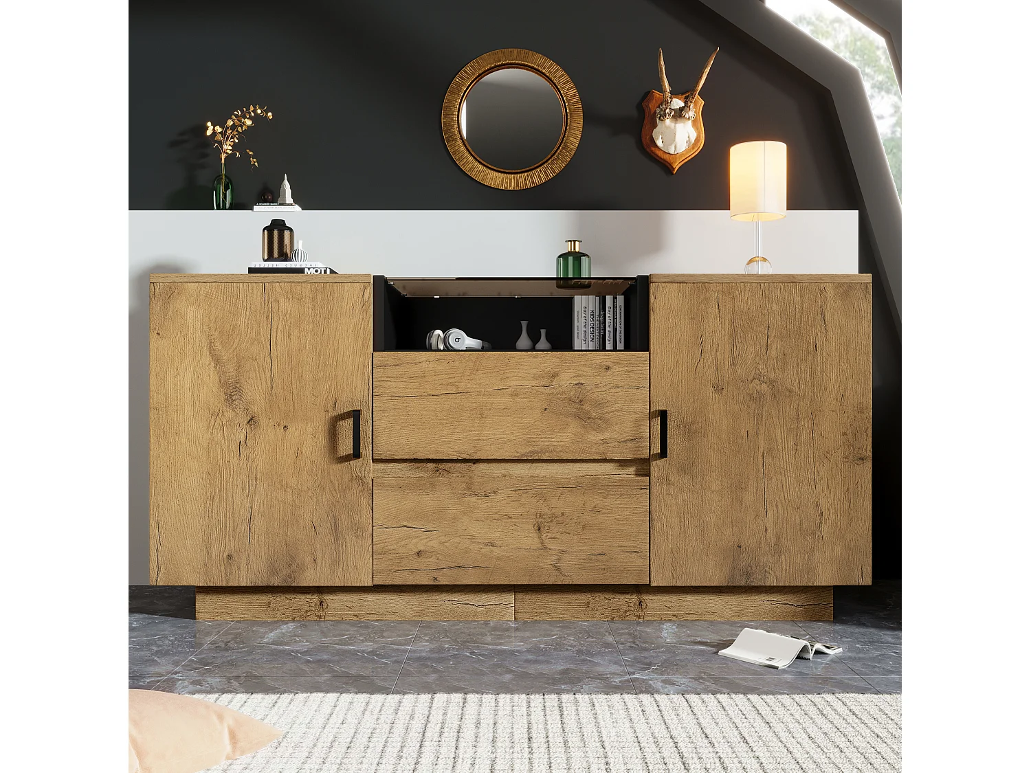Buffet aspect chêne - 140 x 40 x 70 cm - avec 2 tiroirs + 2 portes + étagère - bois + métal - naturel
