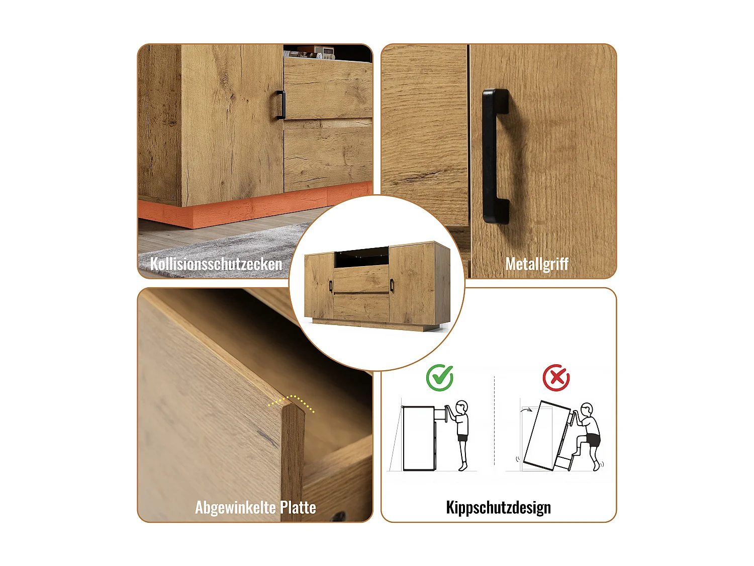 Buffet aspect chêne - 140 x 40 x 70 cm - avec 2 tiroirs + 2 portes + étagère - bois + métal - naturel