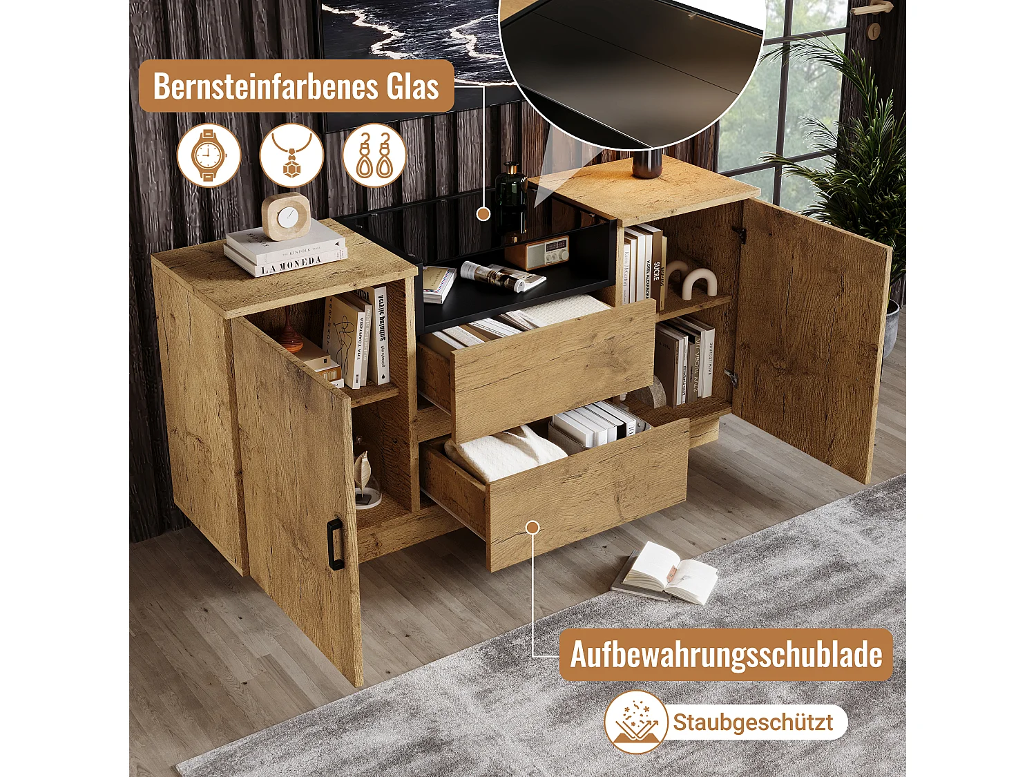 Buffet aspect chêne - 140 x 40 x 70 cm - avec 2 tiroirs + 2 portes + étagère - bois + métal - naturel