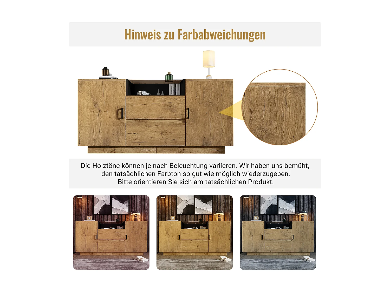 Buffet aspect chêne - 140 x 40 x 70 cm - avec 2 tiroirs + 2 portes + étagère - bois + métal - naturel