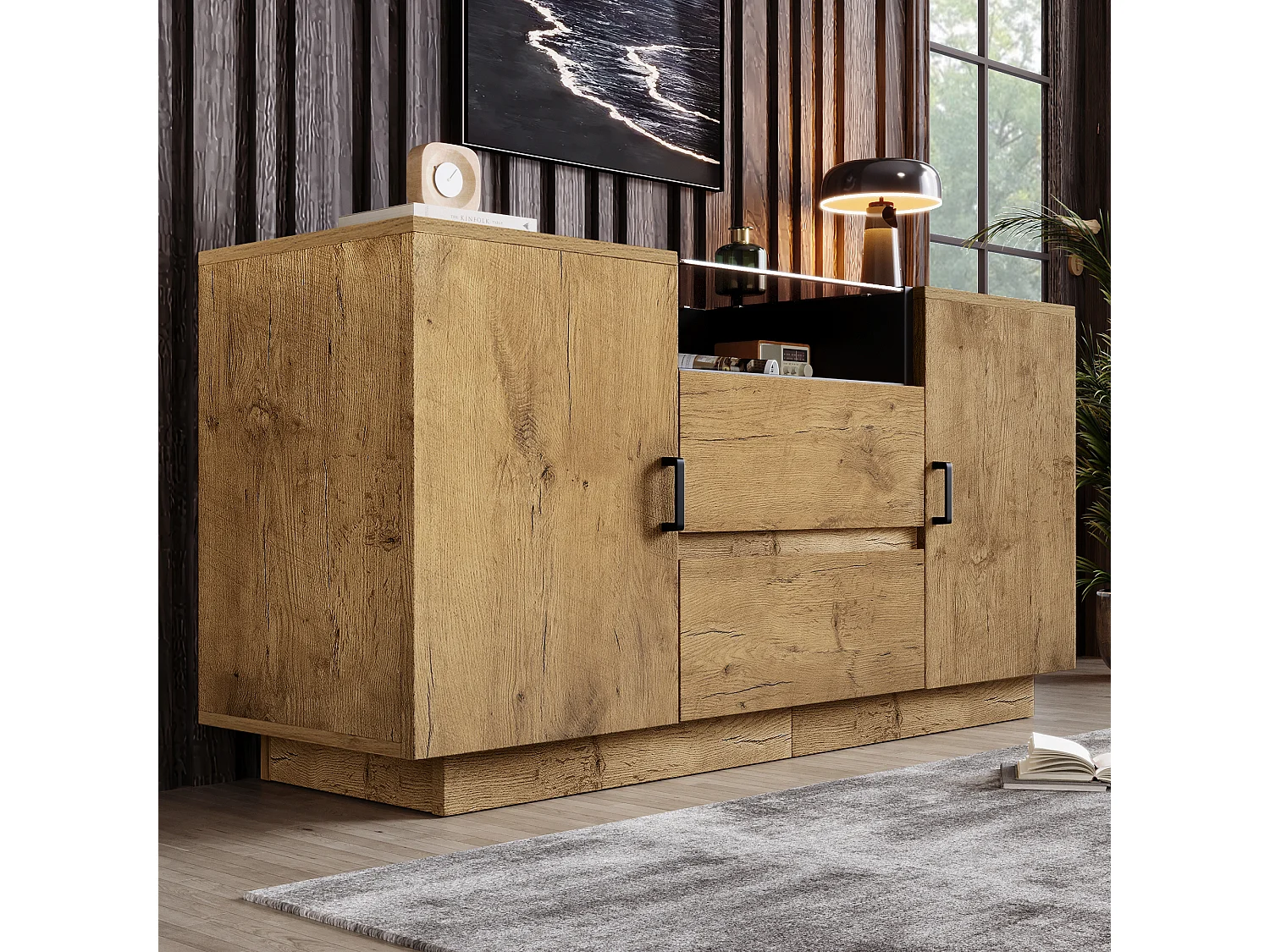 Buffet aspect chêne - 140 x 40 x 70 cm - avec 2 tiroirs + 2 portes + étagère - bois + métal - naturel