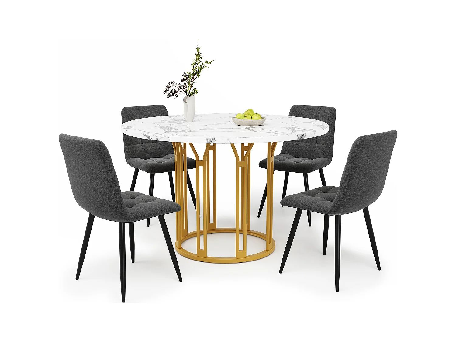 Ensemble de table à manger 100 x 100 x 74 cm + 4 chaises - table plateau en marbre - MDF + Métal - doré