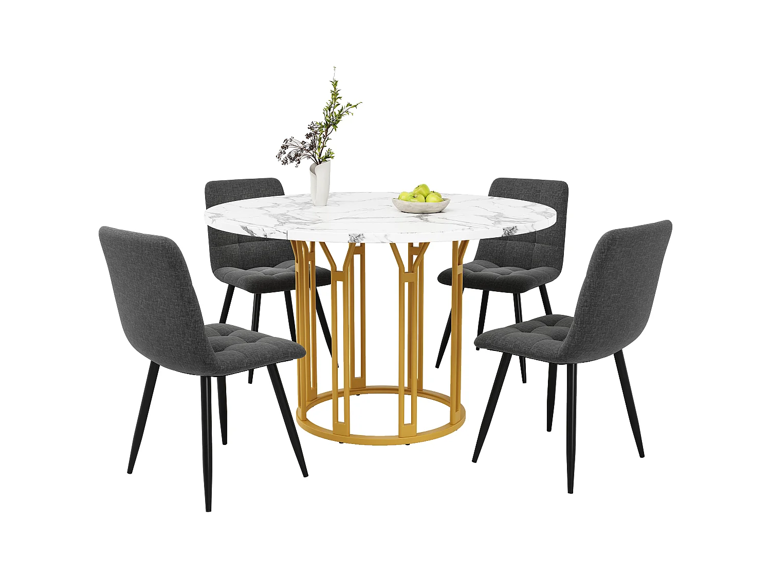 Ensemble de table à manger 100 x 100 x 74 cm + 4 chaises - table plateau en marbre - MDF + Métal - doré