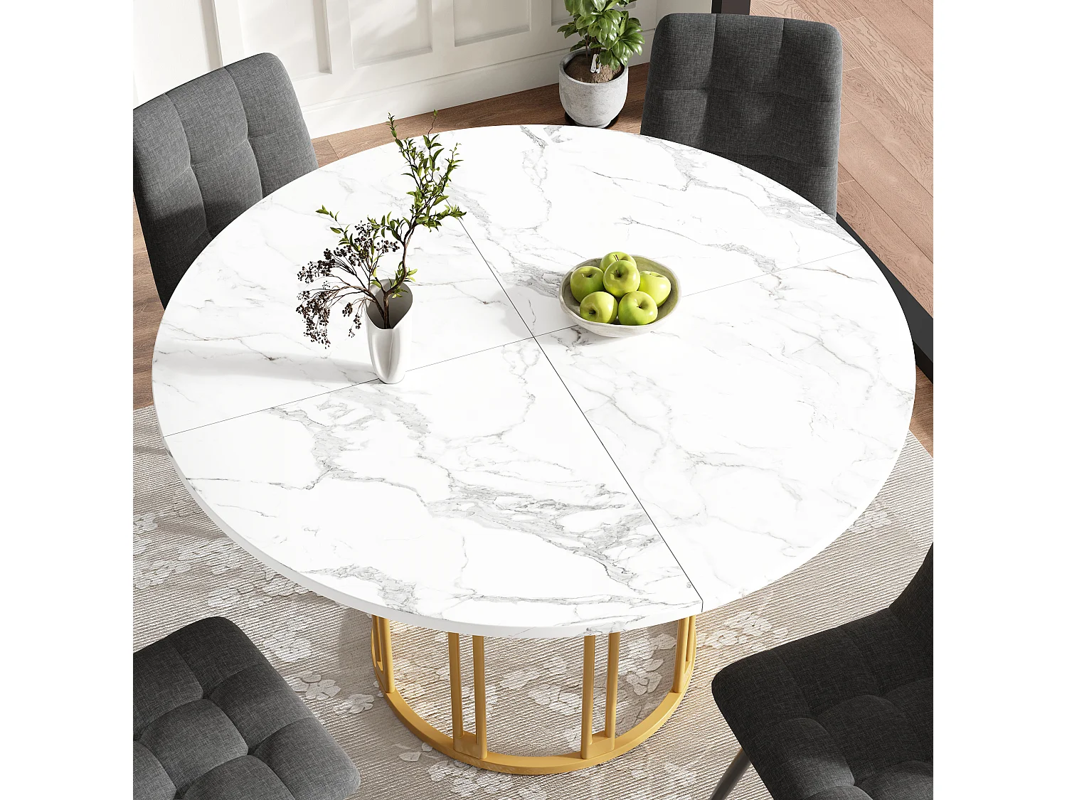 Esstisch-Set 100 x 100 x 74 cm + 4 Stühle – Marmortisch – MDF + Metall – Gold