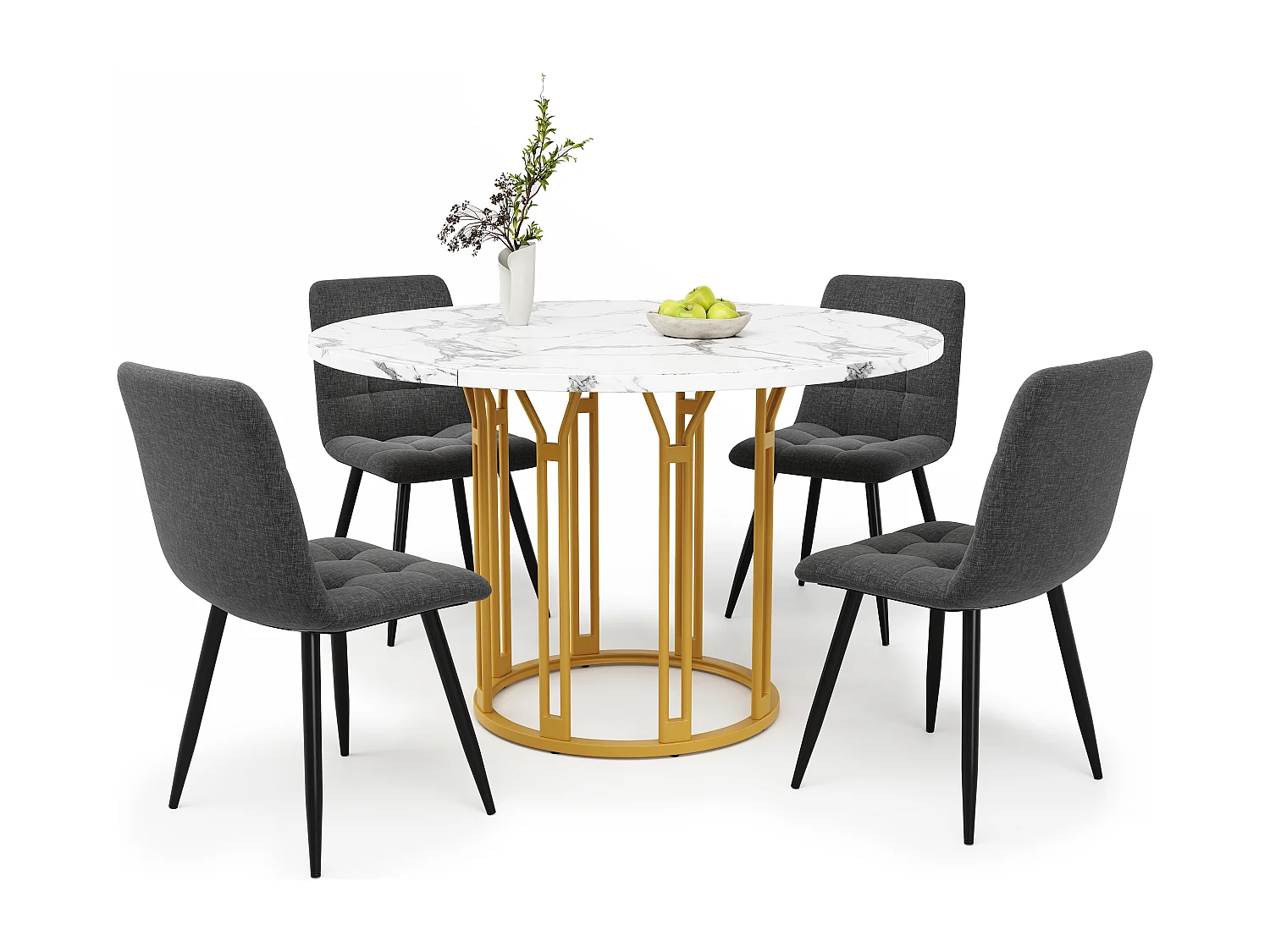 Esstisch-Set 100 x 100 x 74 cm + 4 Stühle – Marmortisch – MDF + Metall – Gold