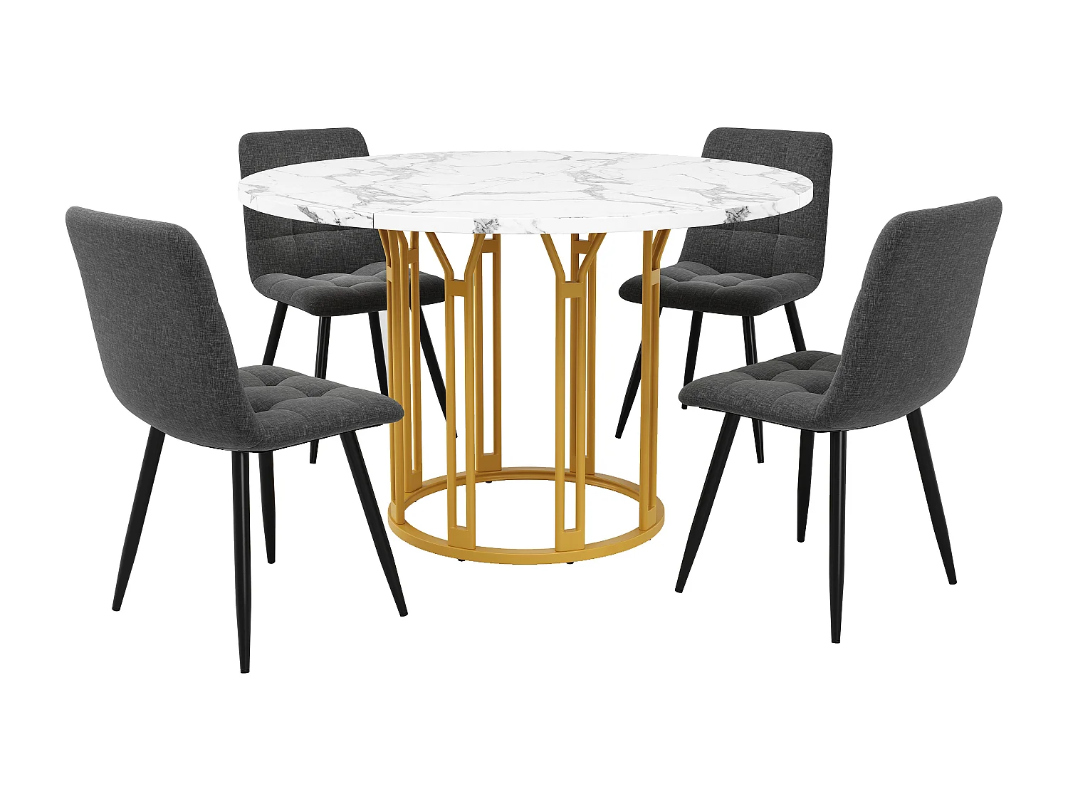 Esstisch-Set 100 x 100 x 74 cm + 4 Stühle – Marmortisch – MDF + Metall – Gold