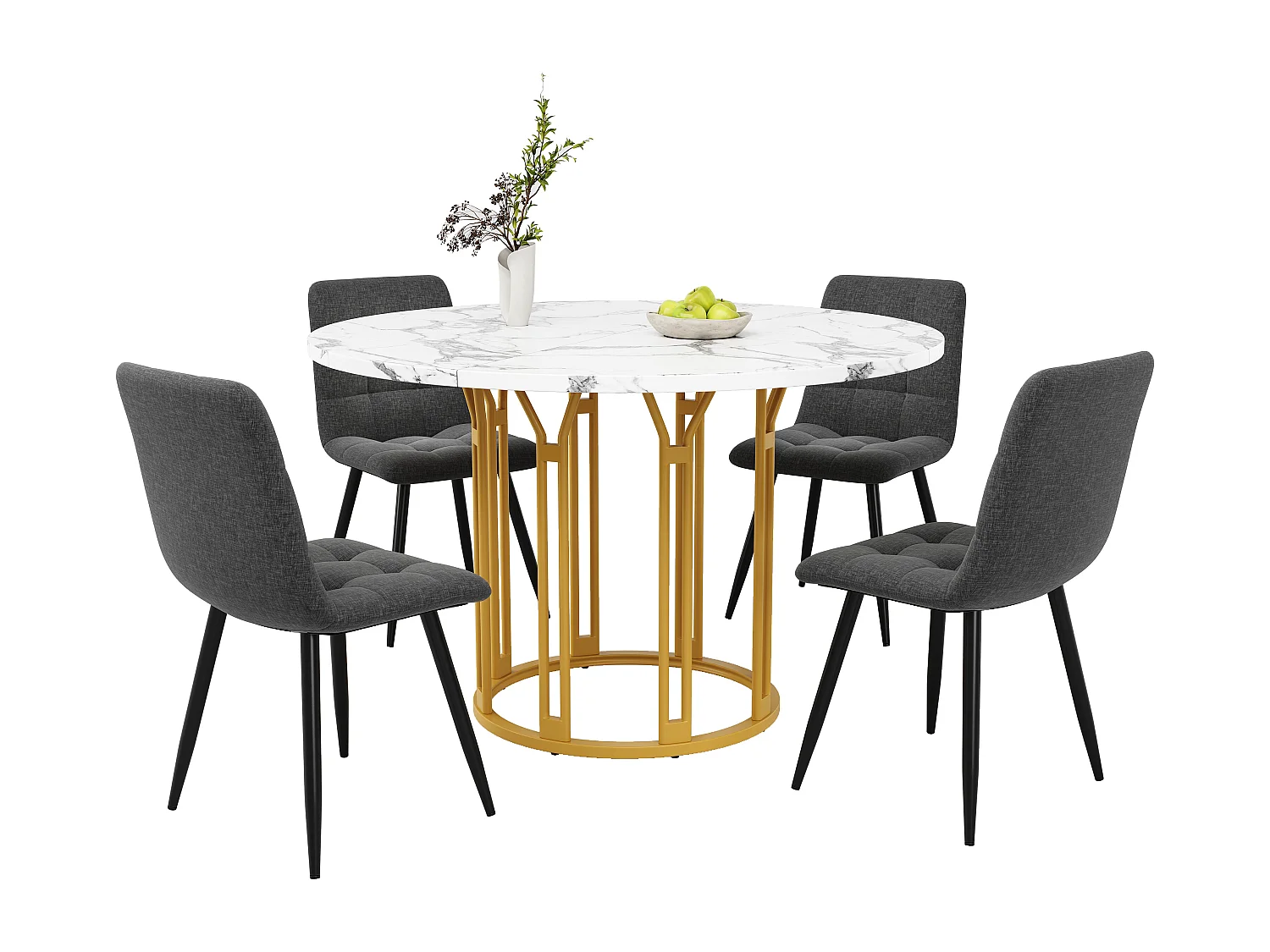 Esstisch-Set 100 x 100 x 74 cm + 4 Stühle – Marmortisch – MDF + Metall – Gold