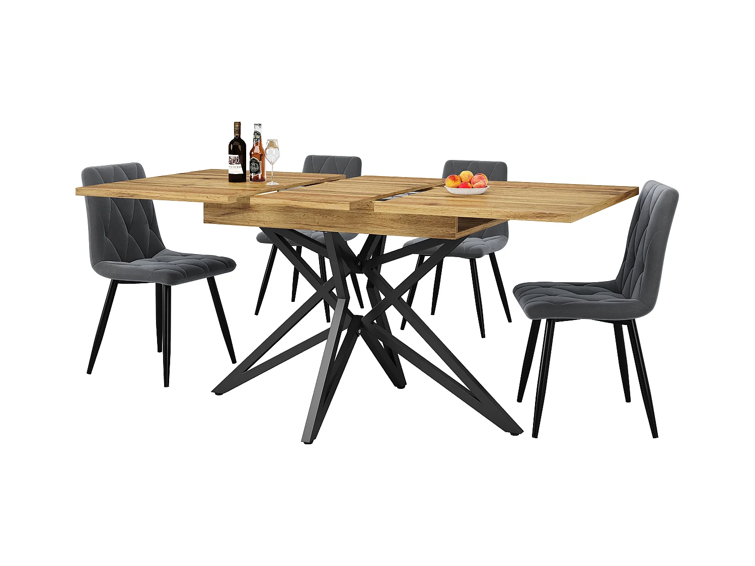 Ensemble de table à manger extensible 120/160 x 68 cm avec 4 chaises - chaises en velours - - MDF + Métal - naturel