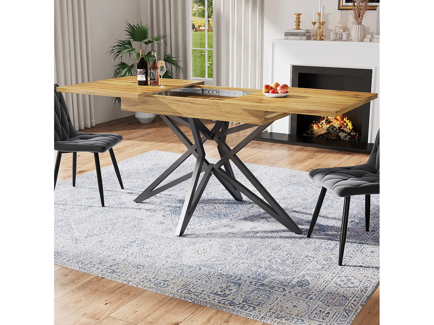 Set Di 4 Sedie Da Pranzo In Legno Stile Mid-Century - Struttura In Metallo, Schienale A Doghe, Finitura Noce, Per Cucina E Soggiorno