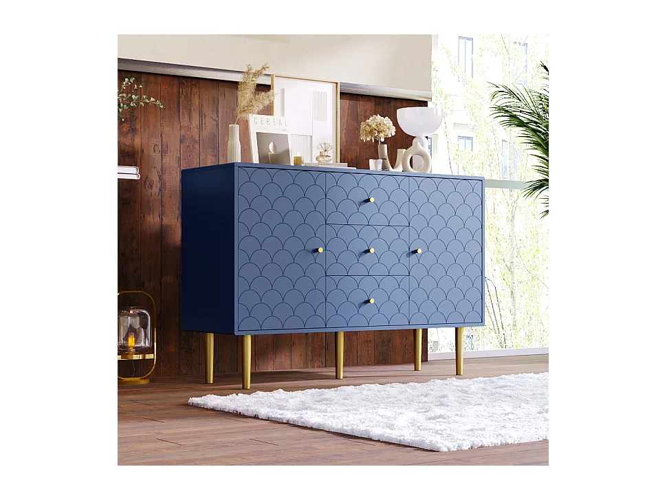 Buffet pour salon chambre - 120 x 40 x 83 cm - avec 2 portes + 3 tiroirs - bois + métal - bleu