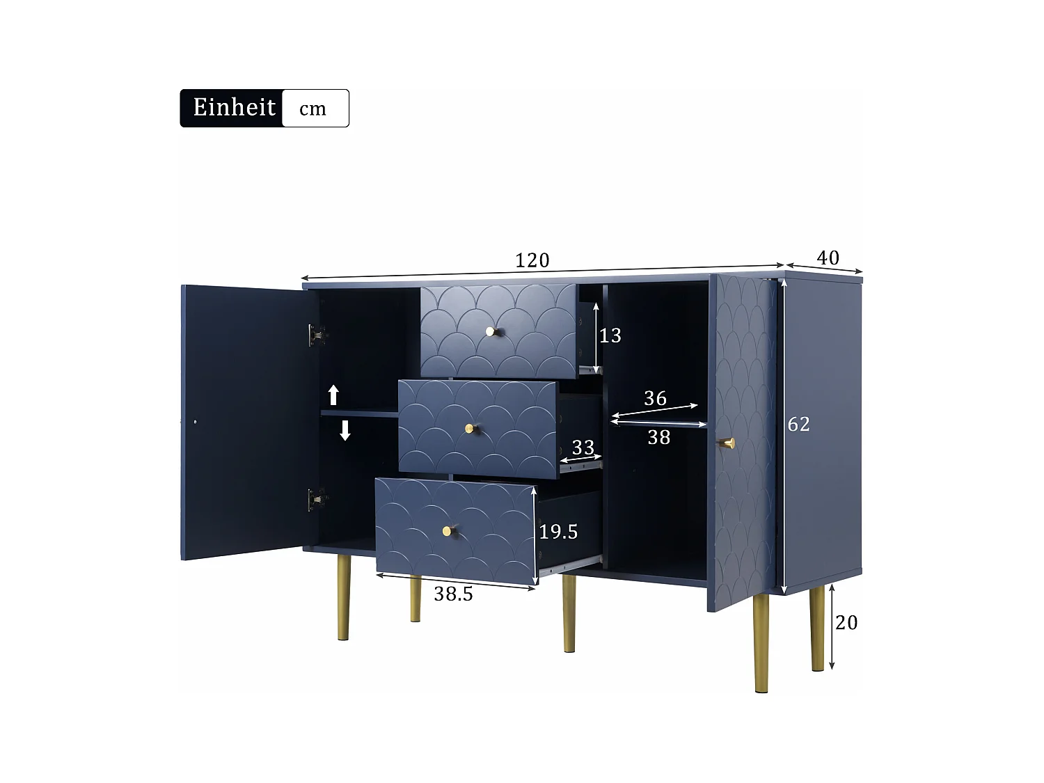 Buffet pour salon chambre - 120 x 40 x 83 cm - avec 2 portes + 3 tiroirs - bois + métal - bleu