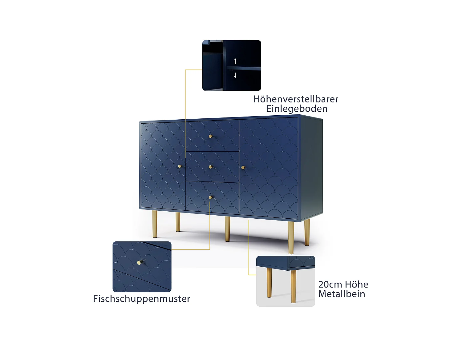Buffet pour salon chambre - 120 x 40 x 83 cm - avec 2 portes + 3 tiroirs - bois + métal - bleu