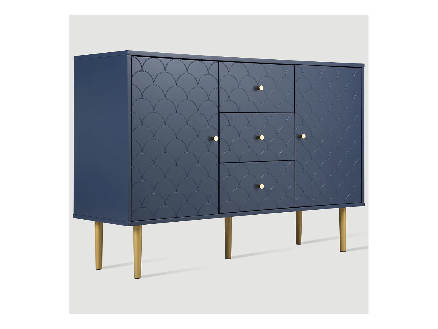 Buffet pour salon chambre - 120 x 40 x 83 cm - avec 2 portes + 3 tiroirs - bois + métal - bleu