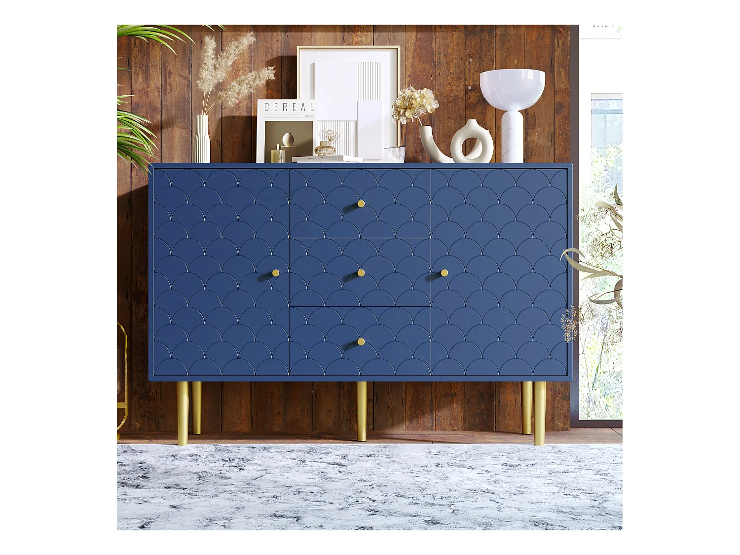Buffet pour salon chambre - 120 x 40 x 83 cm - avec 2 portes + 3 tiroirs - bois + métal - bleu