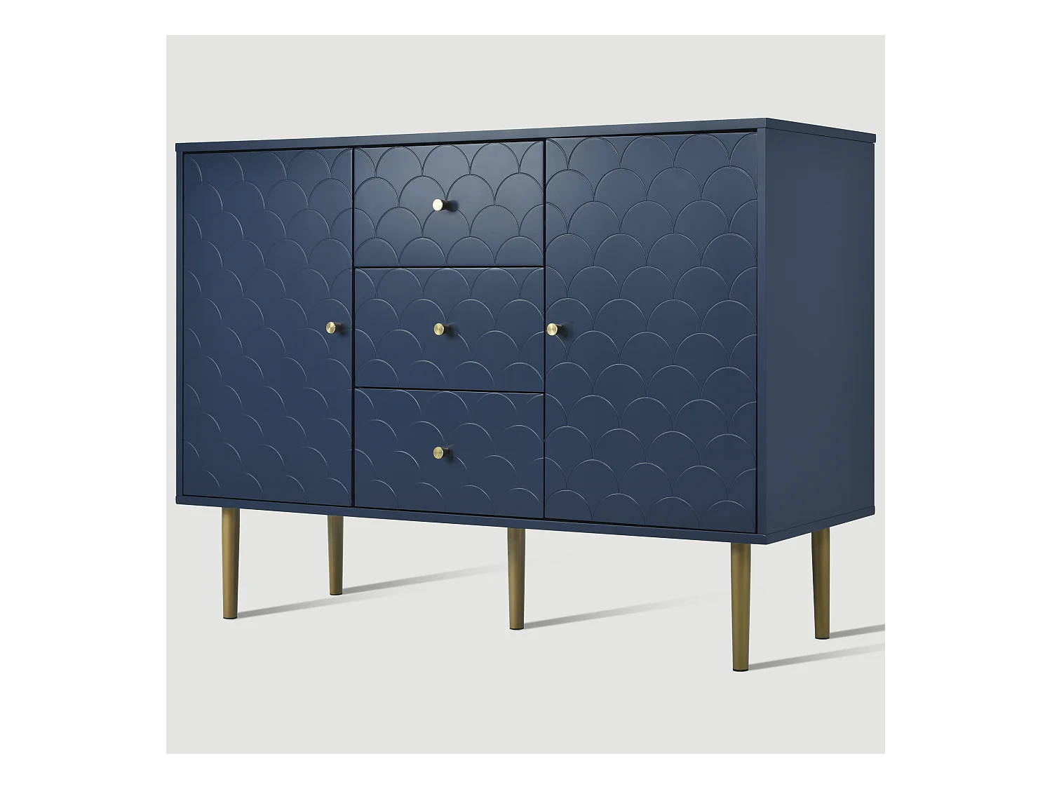 Buffet pour salon chambre - 120 x 40 x 83 cm - avec 2 portes + 3 tiroirs - bois + métal - bleu