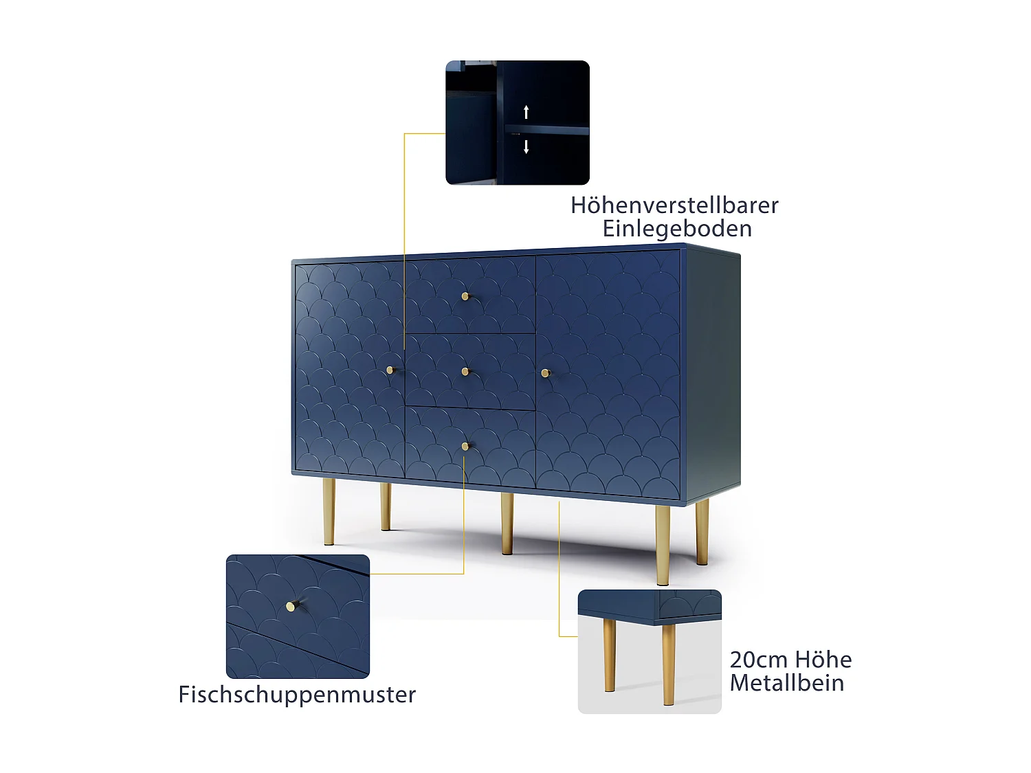 Dressoir voor woonkamer slaapkamer - 120 x 40 x 83 cm - met 2 deuren + 3 laden - hout + metaal - blauw