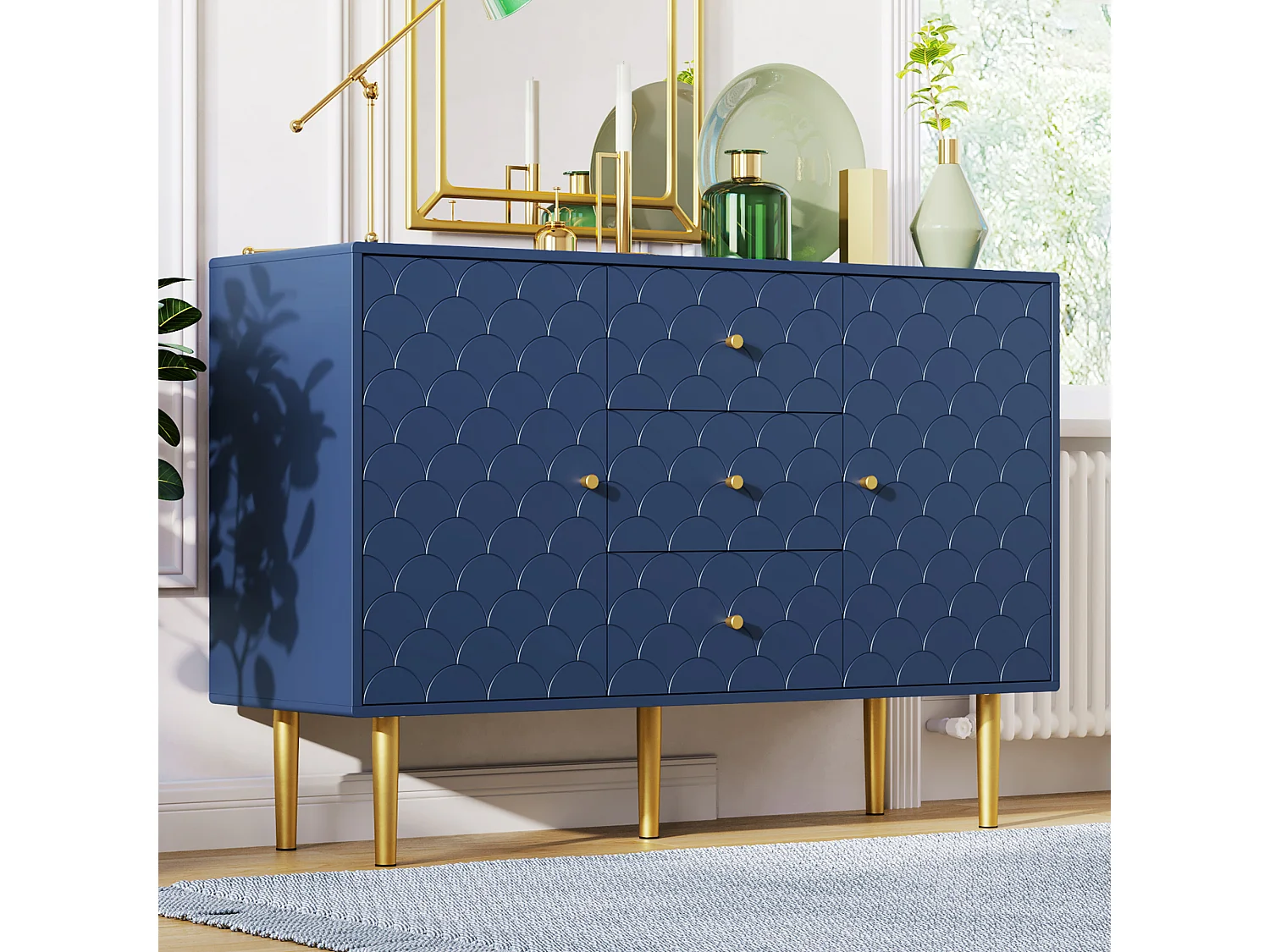 Dressoir voor woonkamer slaapkamer - 120 x 40 x 83 cm - met 2 deuren + 3 laden - hout + metaal - blauw
