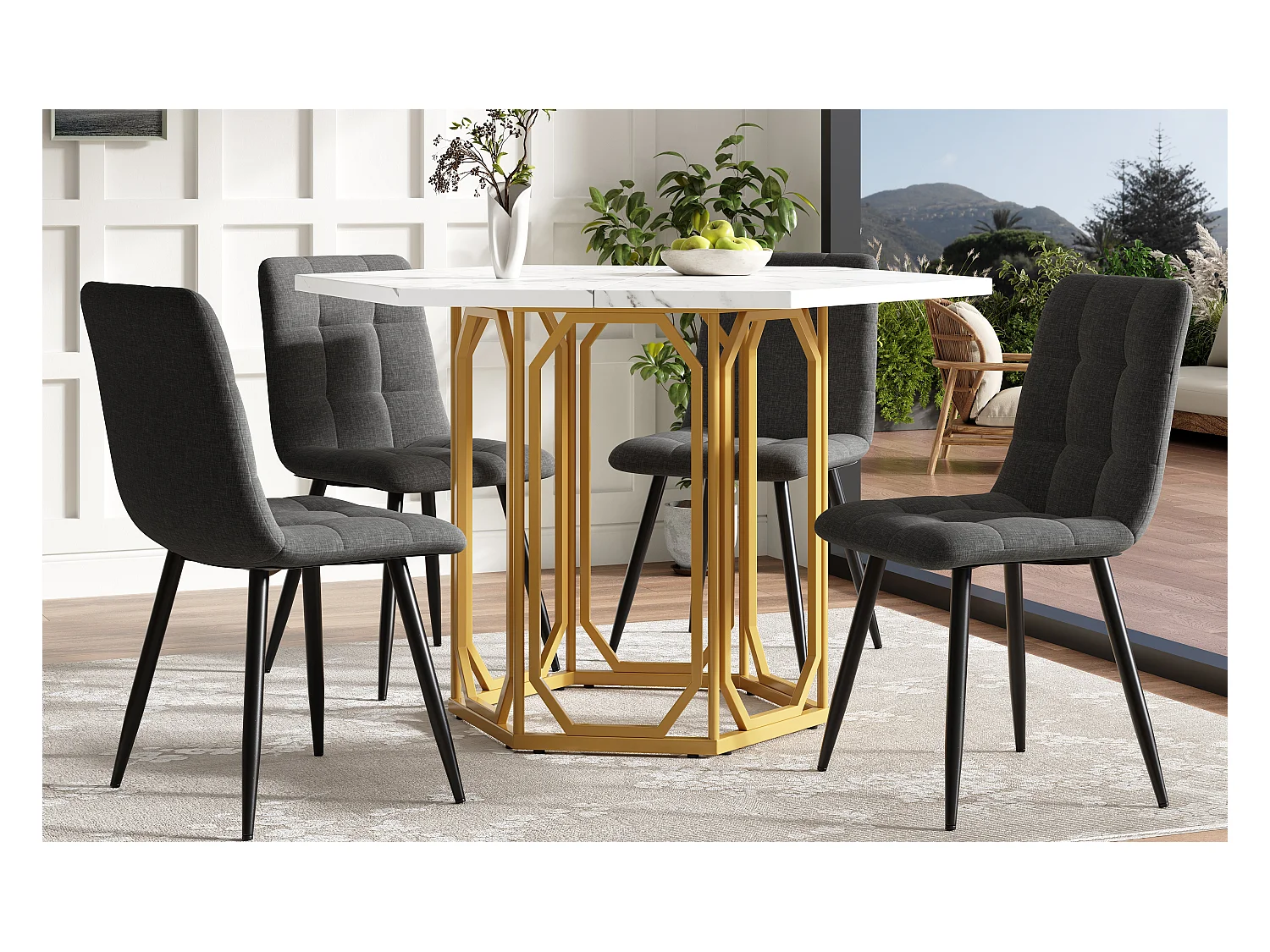 Ensemble de table à manger hexagonale 110 x 95 x 76 cm + 4 chaises - MDF + Métal - noir + doré