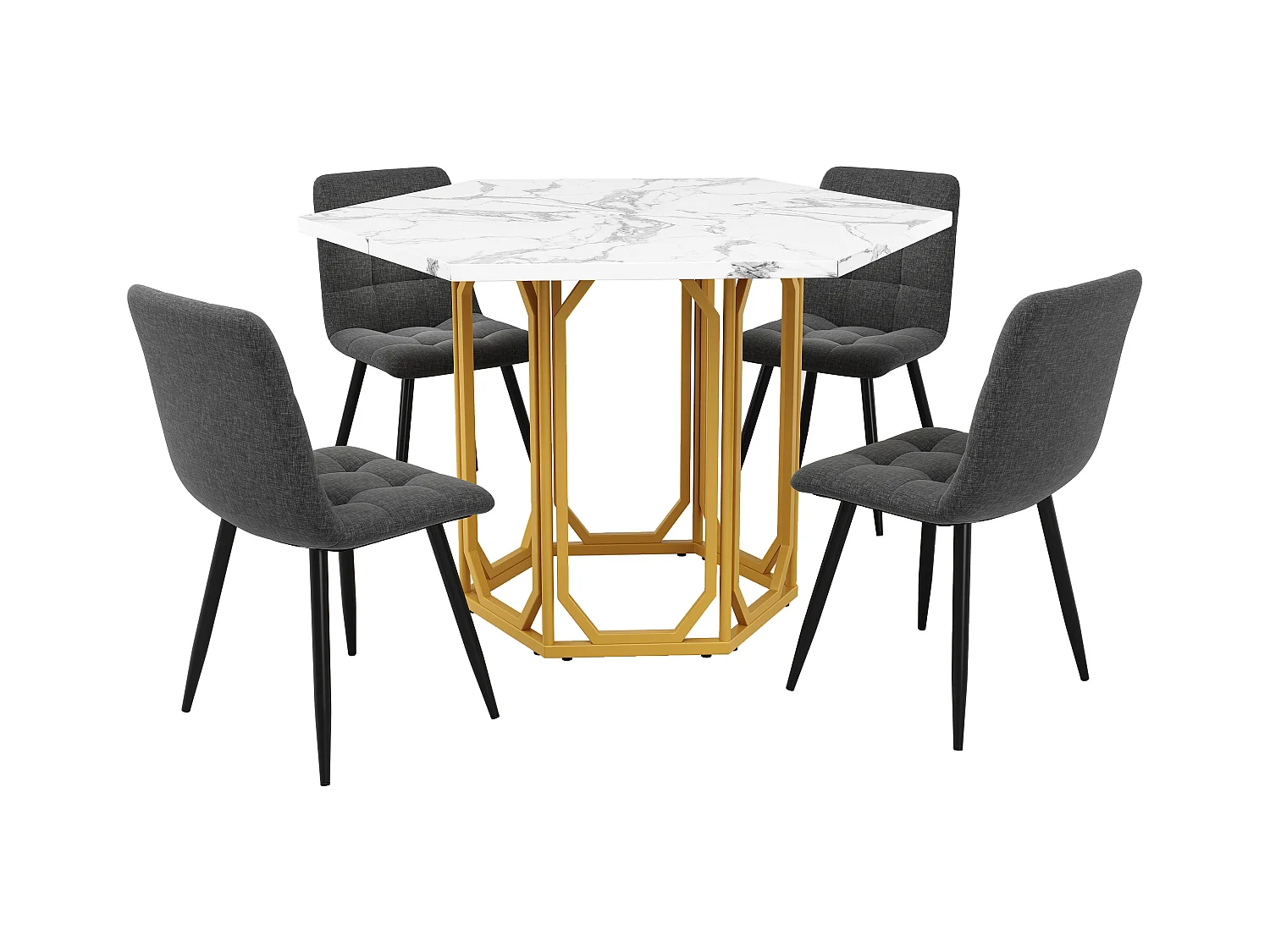 Ensemble de table à manger hexagonale 110 x 95 x 76 cm + 4 chaises - MDF + Métal - noir + doré