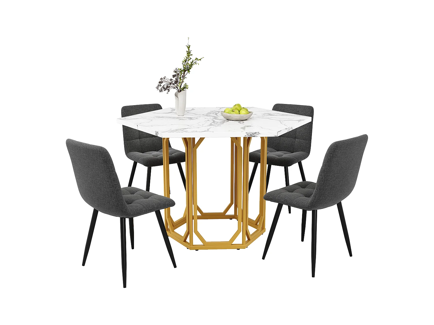 Ensemble de table à manger hexagonale 110 x 95 x 76 cm + 4 chaises - MDF + Métal - noir + doré