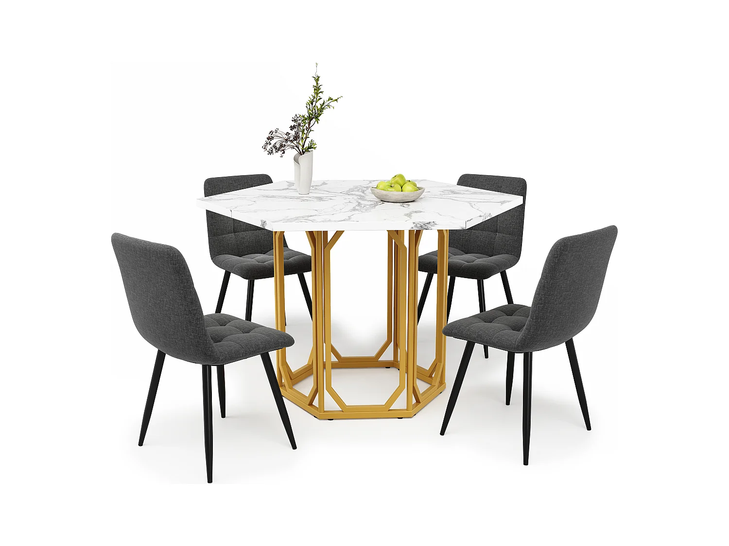 Ensemble de table à manger hexagonale 110 x 95 x 76 cm + 4 chaises - MDF + Métal - noir + doré