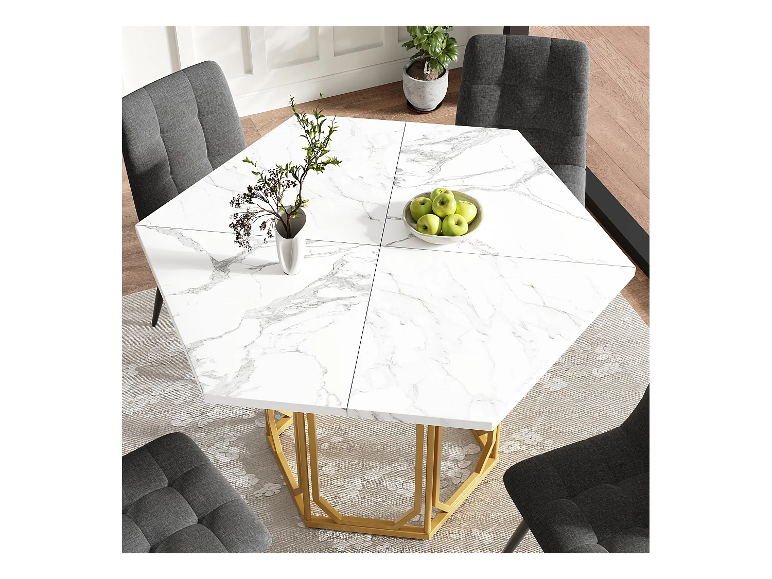 Ensemble de table à manger hexagonale 110 x 95 x 76 cm + 4 chaises - MDF + Métal - noir + doré