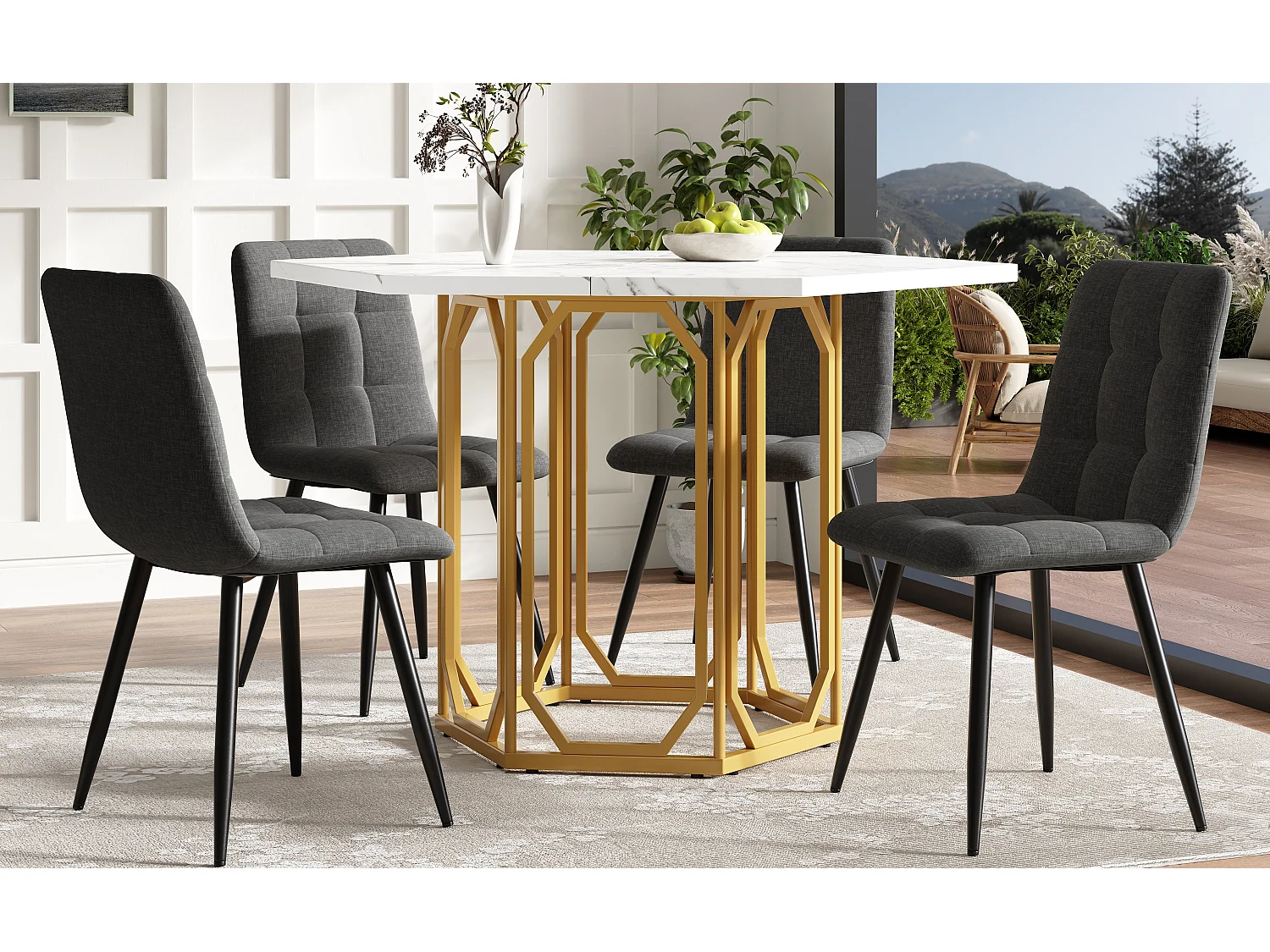 Sechseckiges Esstisch-Set 110 x 95 x 76 cm + 4 Stühle - MDF + Metall - Schwarz + Gold