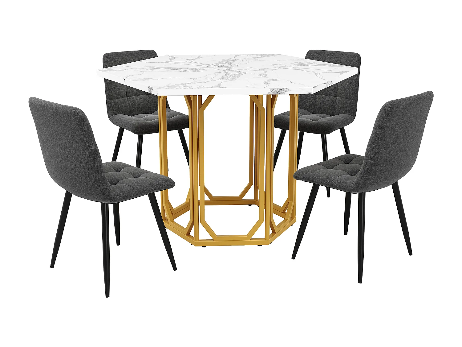 Sechseckiges Esstisch-Set 110 x 95 x 76 cm + 4 Stühle - MDF + Metall - Schwarz + Gold
