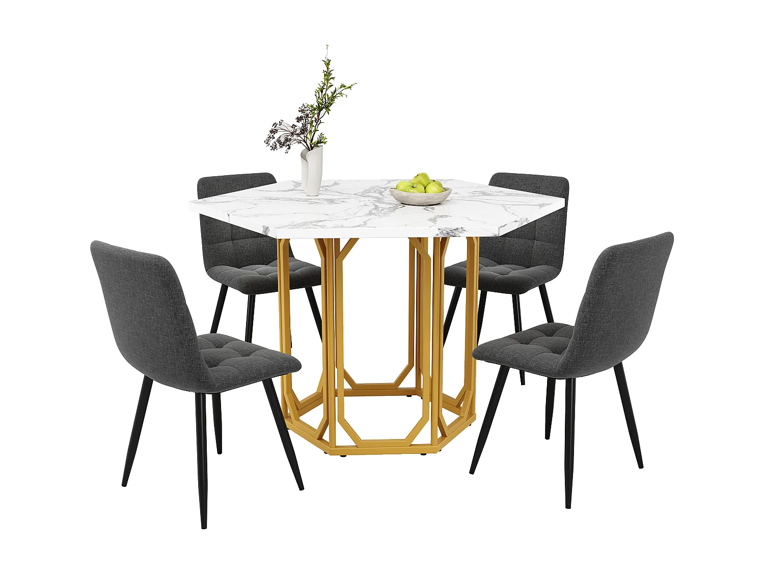 Sechseckiges Esstisch-Set 110 x 95 x 76 cm + 4 Stühle - MDF + Metall - Schwarz + Gold