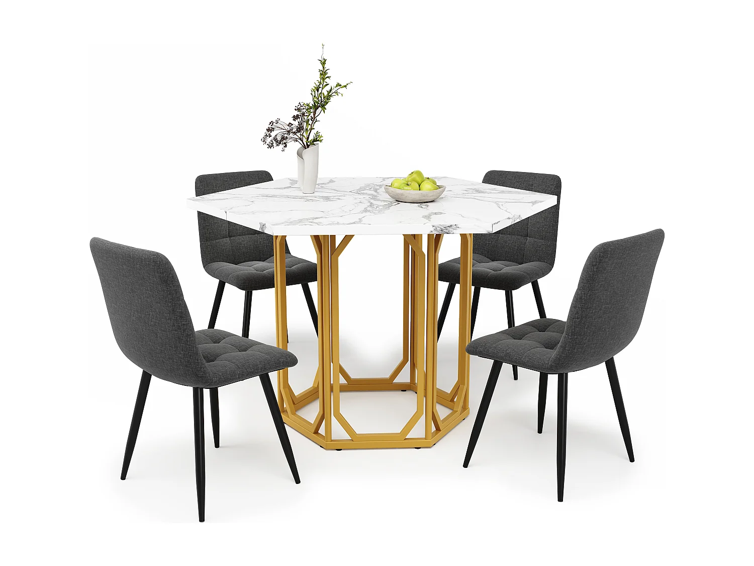 Sechseckiges Esstisch-Set 110 x 95 x 76 cm + 4 Stühle - MDF + Metall - Schwarz + Gold