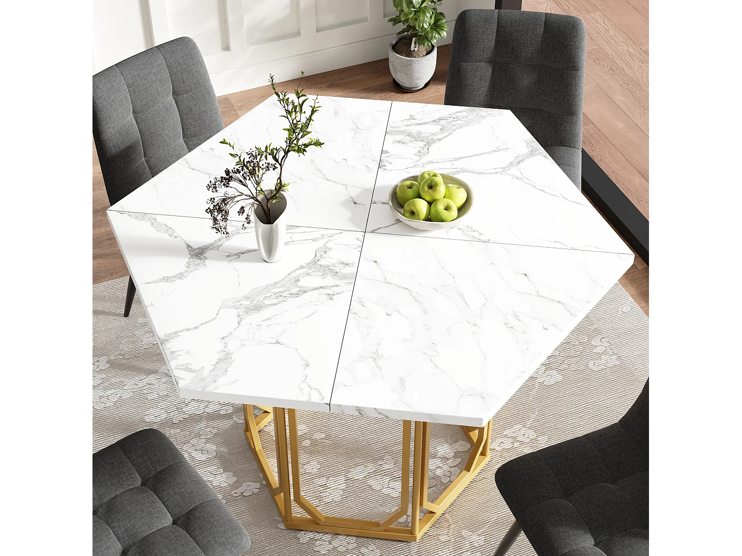 Sechseckiges Esstisch-Set 110 x 95 x 76 cm + 4 Stühle - MDF + Metall - Schwarz + Gold