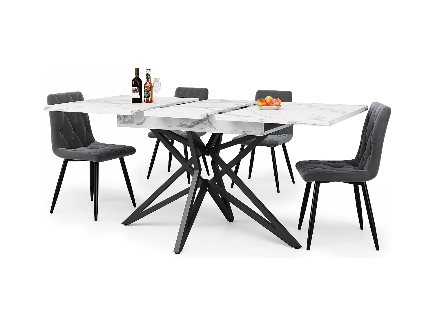 Ensemble de table à manger extensible 120/160 x 68 cm avec 4 chaises - chaises en velours - - MDF + Métal - blanc