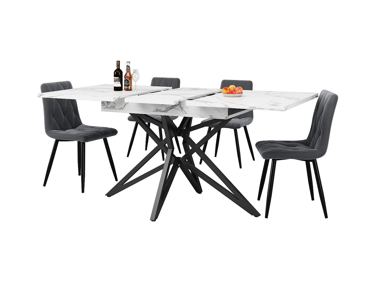Ensemble de table à manger extensible 120/160 x 68 cm avec 4 chaises - chaises en velours - - MDF + Métal - blanc