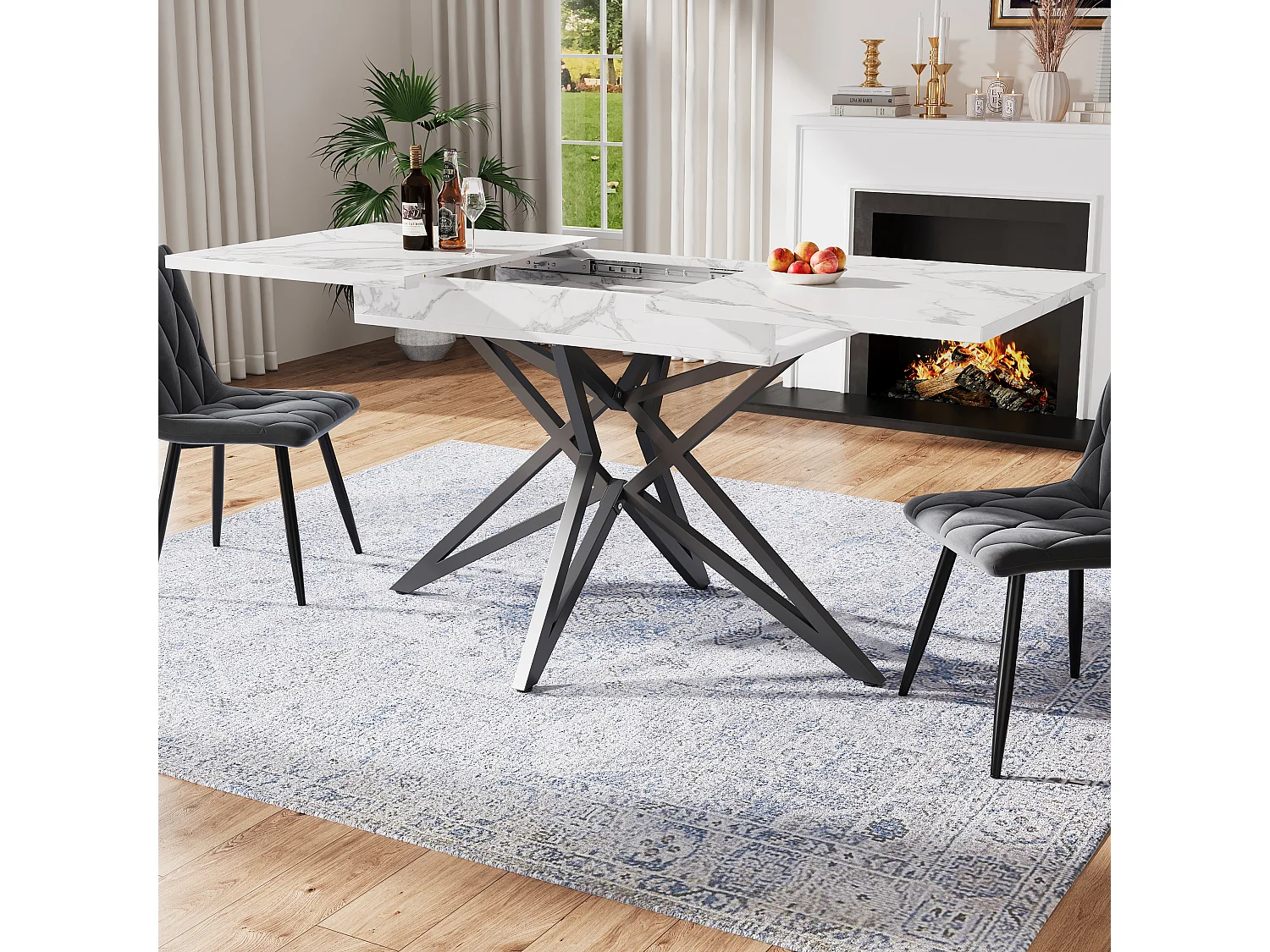 Ensemble de table à manger extensible 120/160 x 68 cm avec 4 chaises - chaises en velours - - MDF + Métal - blanc