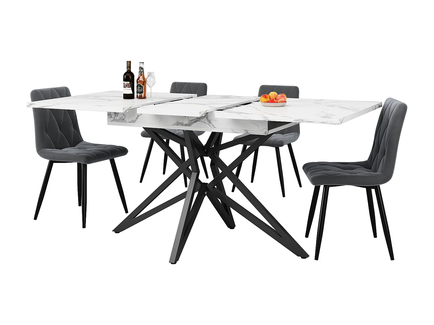 Ensemble de table à manger extensible 120/160 x 68 cm avec 4 chaises - chaises en velours - - MDF + Métal - blanc