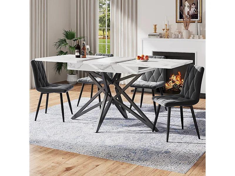 Uitschuifbare eettafelset 120/160 x 68 cm met 4 stoelen - fluwelen stoelen - - MDF + Metaal - wit