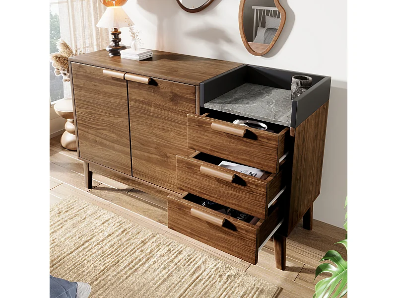 Sideboard in Eichendekor - 120 x 40 x 77 cm - mit 3 Schubladen + 2 Türen - Holz + Metall - Natur