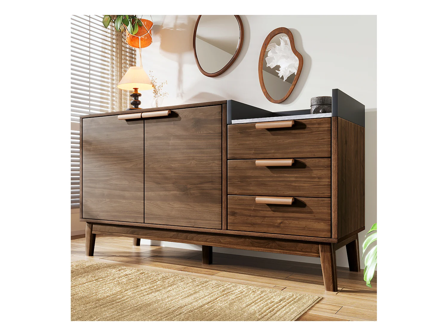 Buffet décor chêne - 120 x 40 x 77 cm - avec 3 tiroirs + 2 portes - bois + métal - naturel