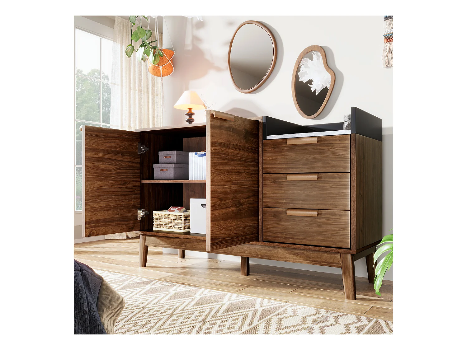 Buffet décor chêne - 120 x 40 x 77 cm - avec 3 tiroirs + 2 portes - bois + métal - naturel