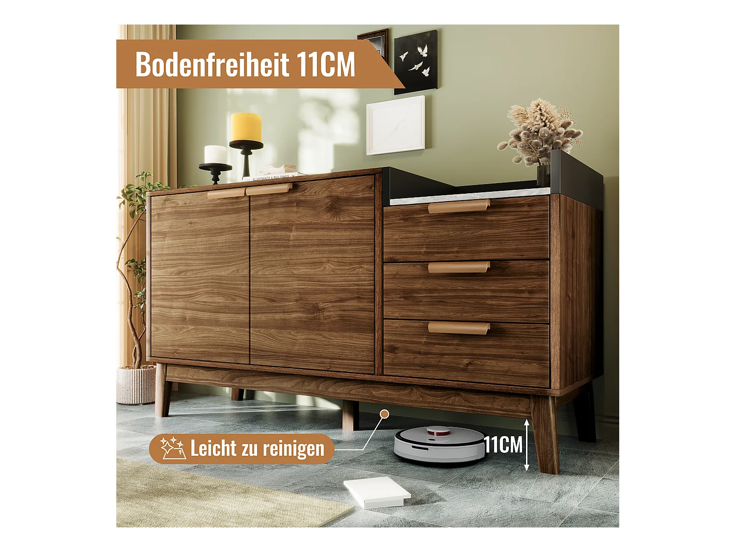 Buffet décor chêne - 120 x 40 x 77 cm - avec 3 tiroirs + 2 portes - bois + métal - naturel