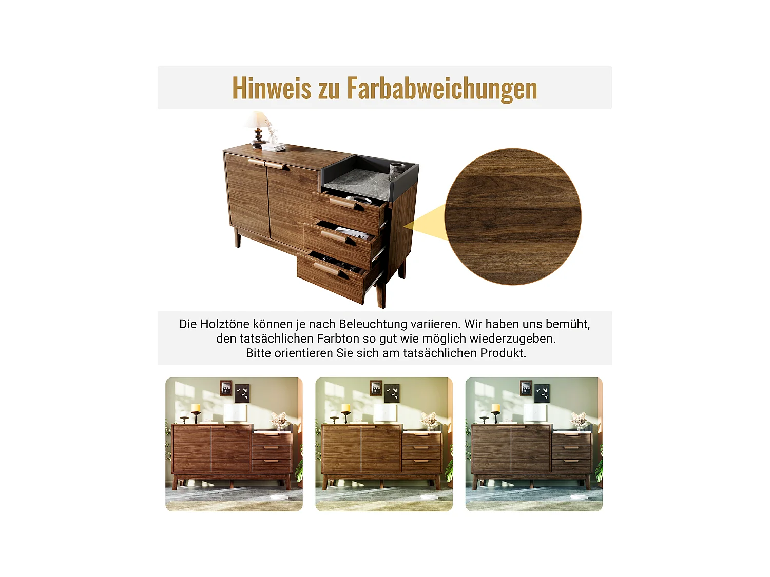 Buffet décor chêne - 120 x 40 x 77 cm - avec 3 tiroirs + 2 portes - bois + métal - naturel