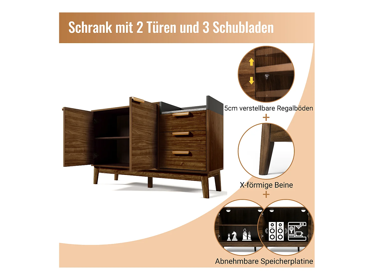 Buffet décor chêne - 120 x 40 x 77 cm - avec 3 tiroirs + 2 portes - bois + métal - naturel