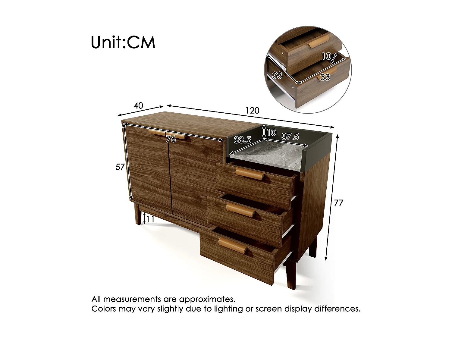 Buffet décor chêne - 120 x 40 x 77 cm - avec 3 tiroirs + 2 portes - bois + métal - naturel
