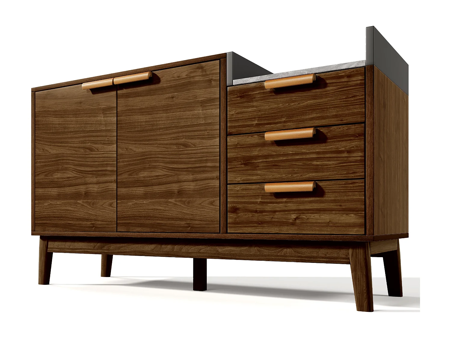 Buffet décor chêne - 120 x 40 x 77 cm - avec 3 tiroirs + 2 portes - bois + métal - naturel