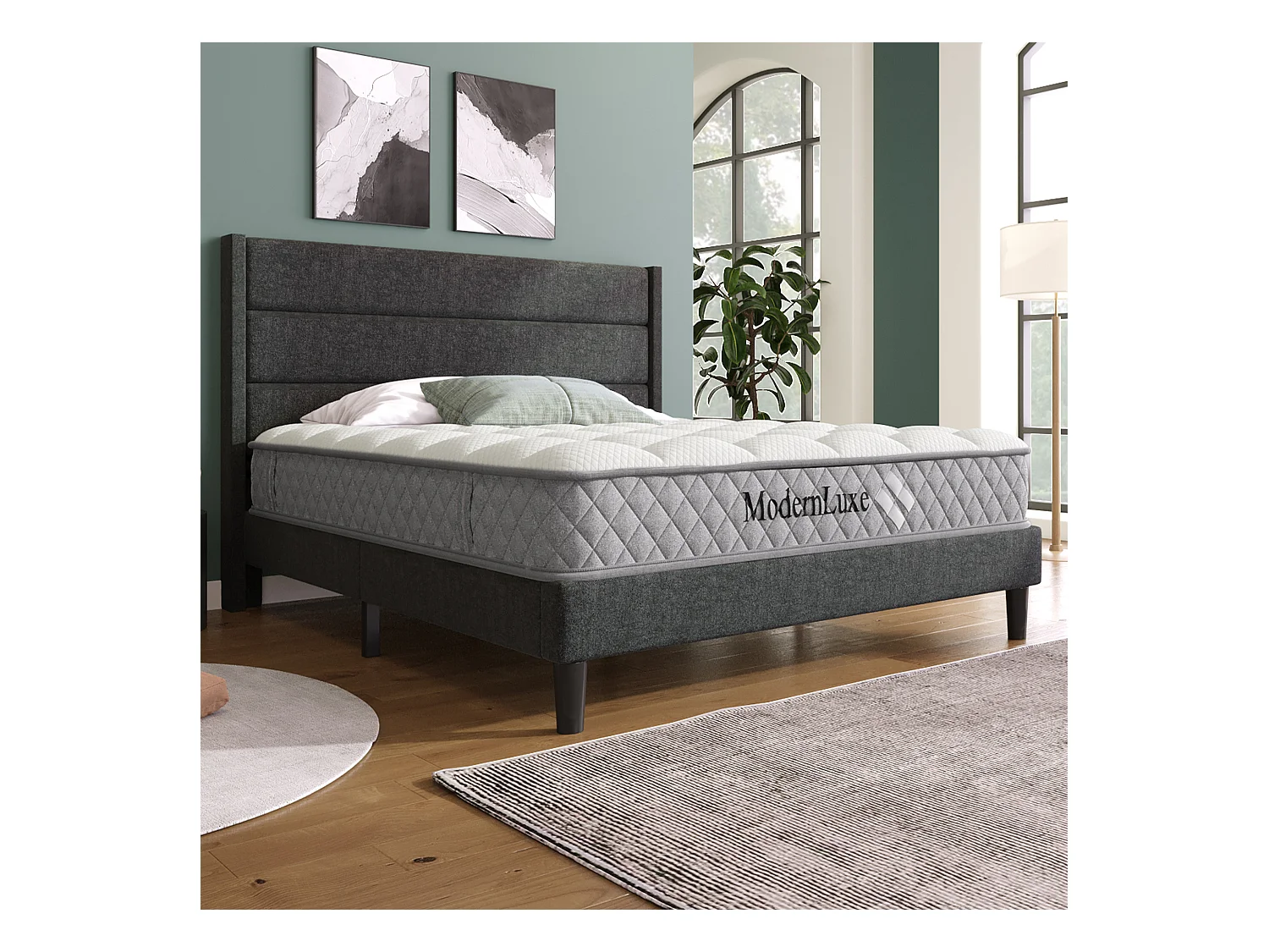 Lit double rembourré - 140 x 200 cm - avec sommier à lattes + tête de lit - lin - gris(avec matelas)