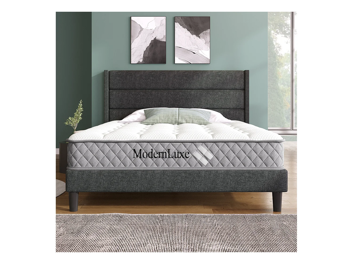 Lit double rembourré - 140 x 200 cm - avec sommier à lattes + tête de lit - lin - gris(avec matelas)