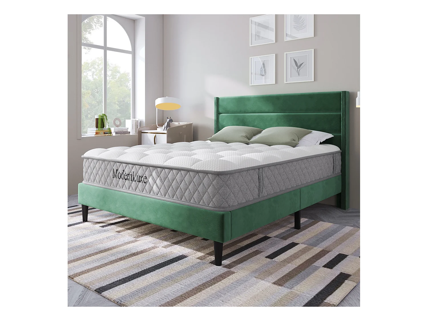 Lit double rembourré - 140 x 200 cm - avec sommier à lattes + tête de lit - lin - vert(avec matelas)