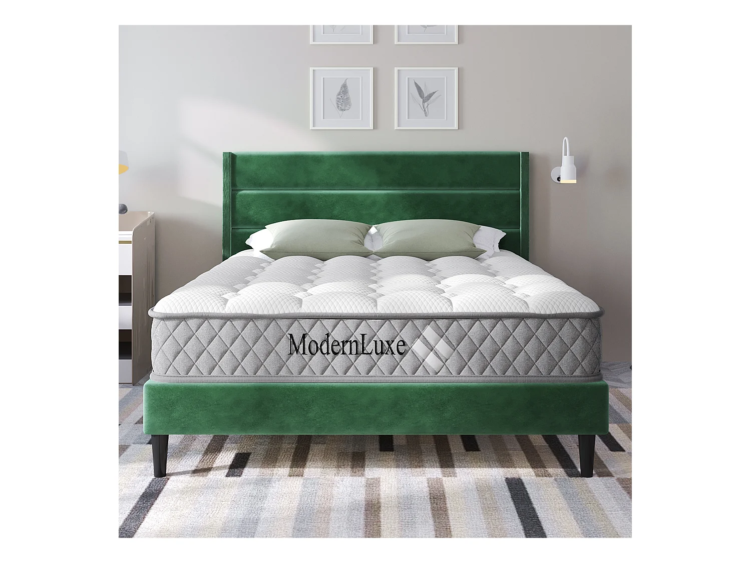 Lit double rembourré - 140 x 200 cm - avec sommier à lattes + tête de lit - lin - vert(avec matelas)